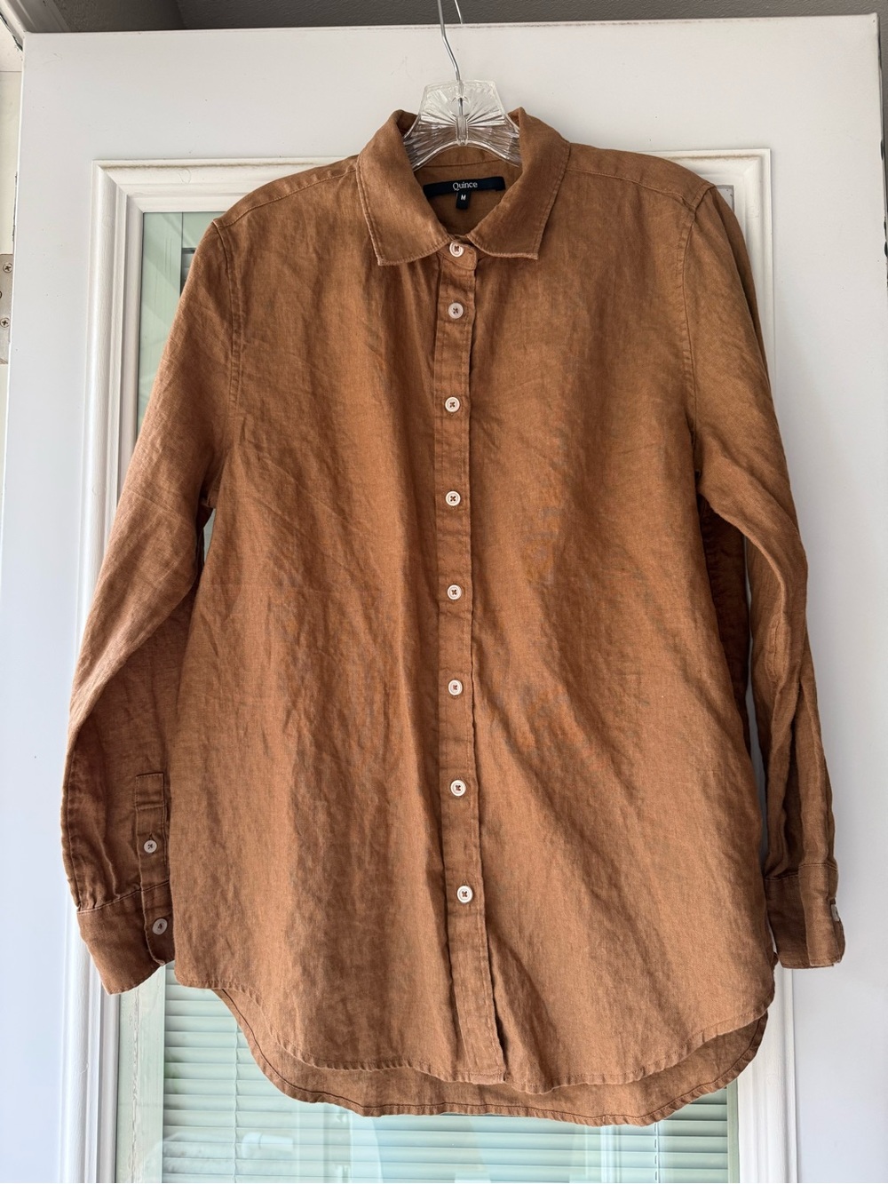 Quince Button-Front Shirt in Caramel Brown – Size Medium